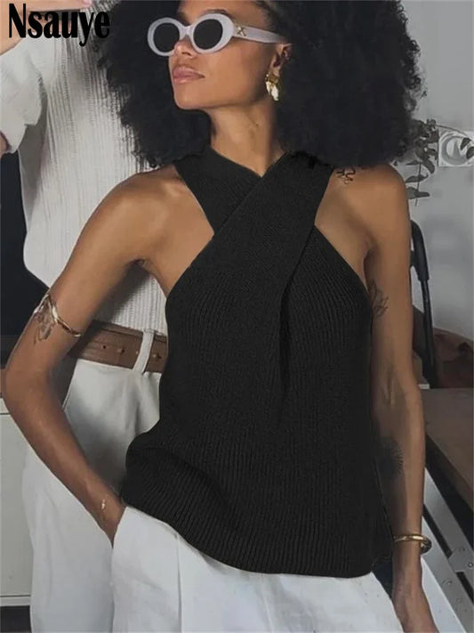 Nsauye Knitted Halter Sexy Elegant Fashion Backless Mini Sleeveless Crop Tops Women Vest Clothes 2025 Night Club Casual Tank Top