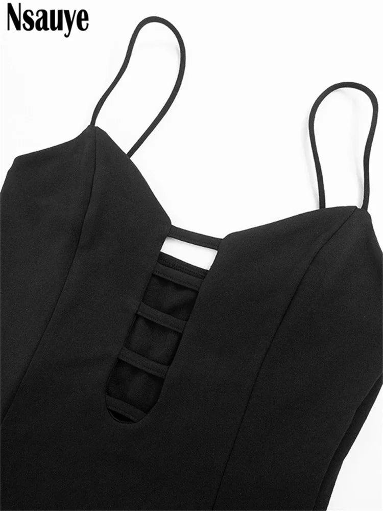 Nsauye Elegant Black Dress Long Sexy Women High Split Hollow Out Fashion Evening Party Club Dress Bodycon Summer Clothes 2024