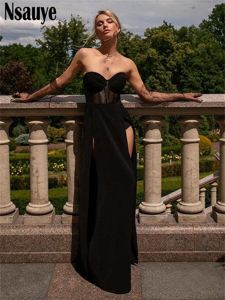 Nsauye 2022 Fashion Patchwork Women Off Shoulder Black Split Party Long Dress Sexy Backless Elegant Evening Bodycon Maxi Dresses