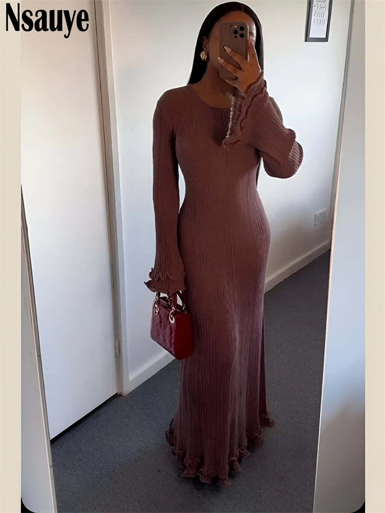 Nsauye 2025 Summer Knitted Ruffles Long Sleeve Slim Long Dresses For Women Clothing Holiday Beach Party Evening Sexy Maxi Dress