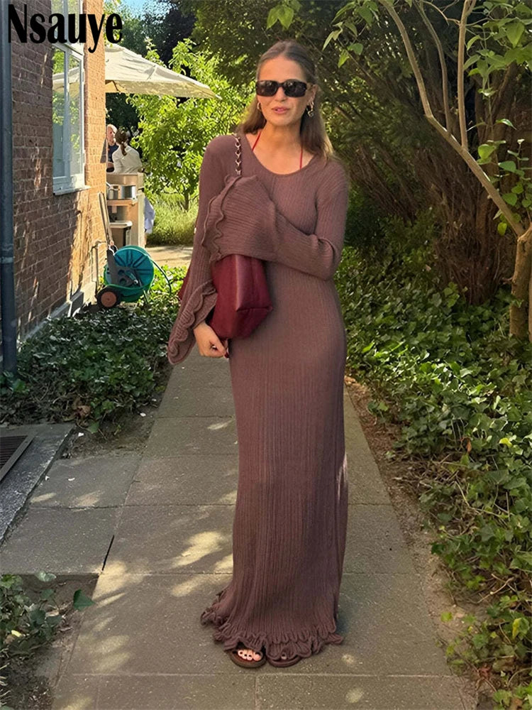 Nsauye 2025 Summer Knitted Ruffles Long Sleeve Slim Long Dresses For Women Clothing Holiday Beach Party Evening Sexy Maxi Dress