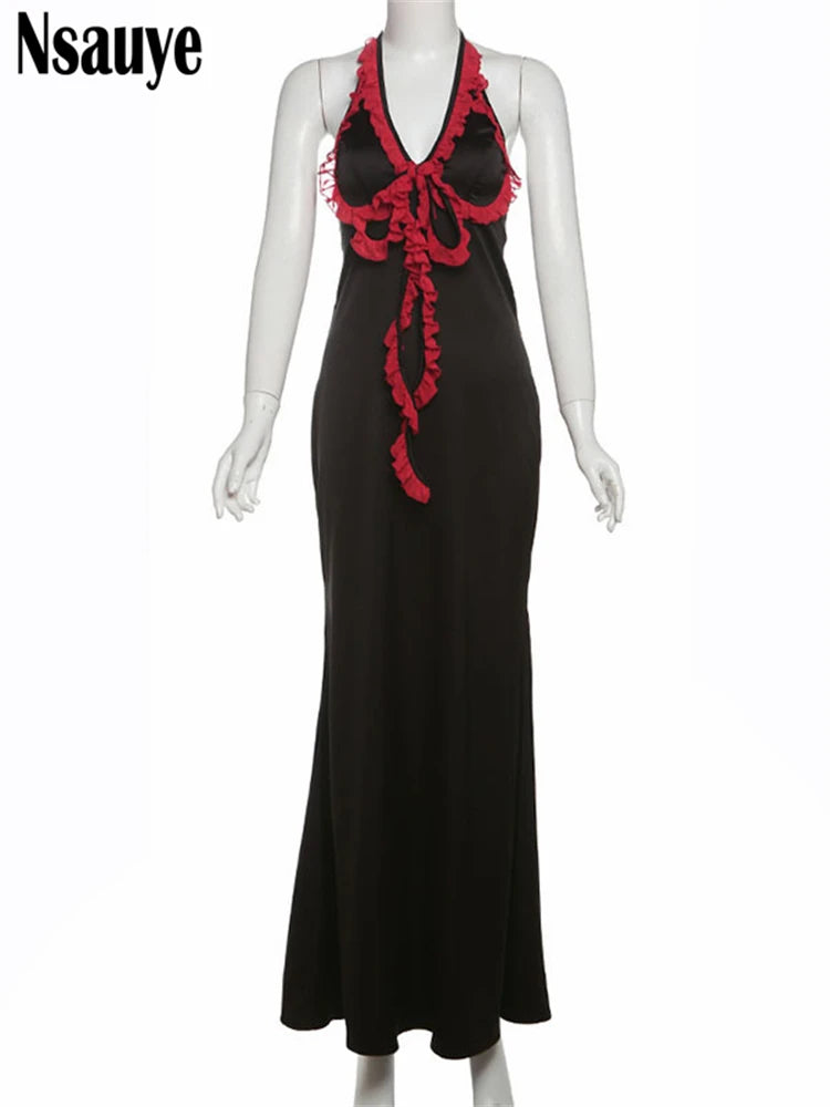 Nsauye 2025 Summer Women's New Elegant Patchwork Halter Sleeveless Dress Sexy Sweet Long Backless Slim Waisted Party Dresses