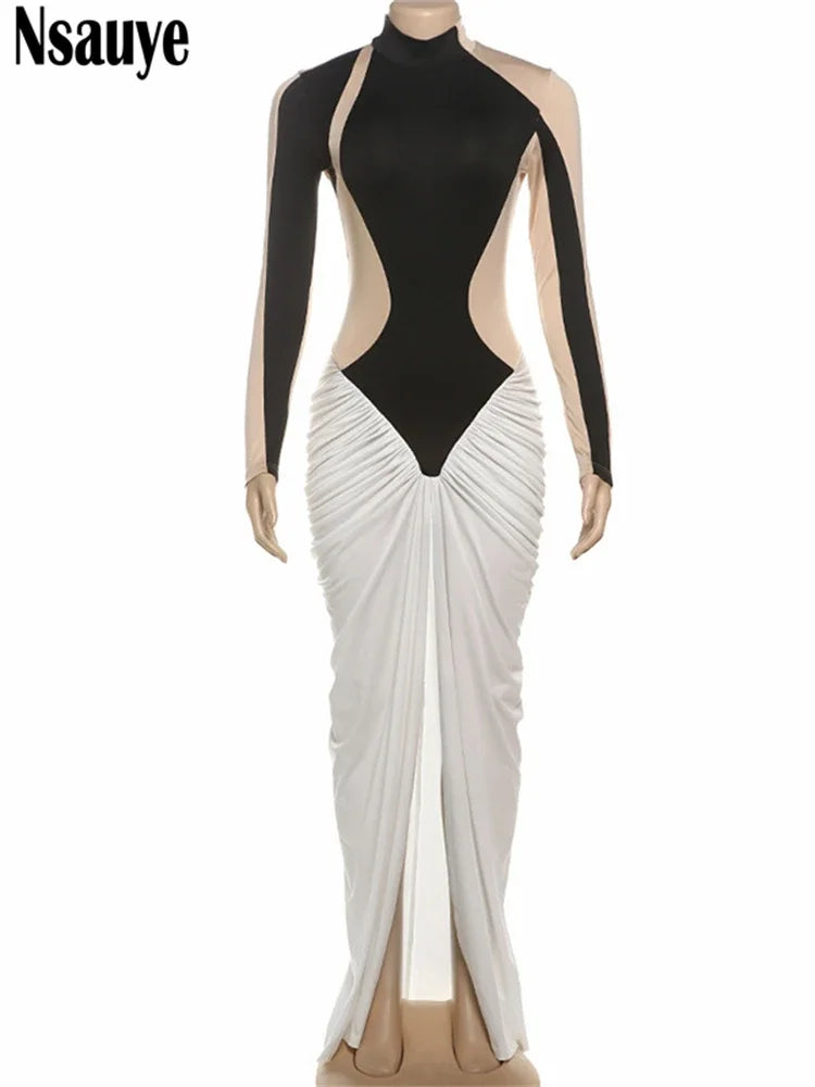 Nsauye Sexy Women Evening Birthday Party Night Club Long Sleeve Winter Dress Maxi Wrap Fashion Elegant Striped Long Dress 2024