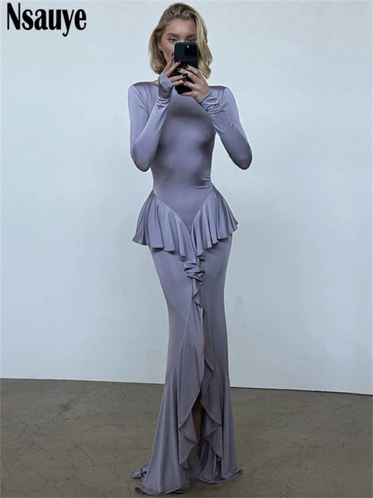Nsauye 2025 Summer Sexy Backless Ruffles Long Sleeve Maxi Dress Women Clothes Outfits Vestidos Party Night Club Elegant Dress