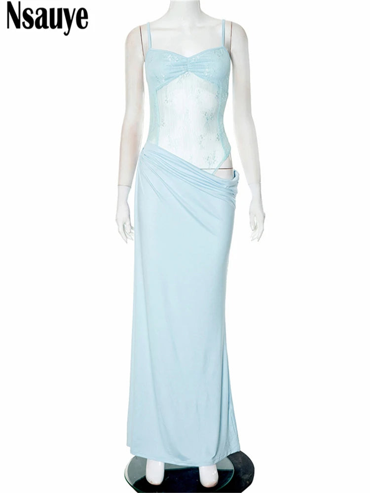 Nsauye Spaghetti Strap Lace Sexy Patchwork Long Slim Dress 2025 Summer Fashion Elegant Evening Club Party Maxi Dresses Women