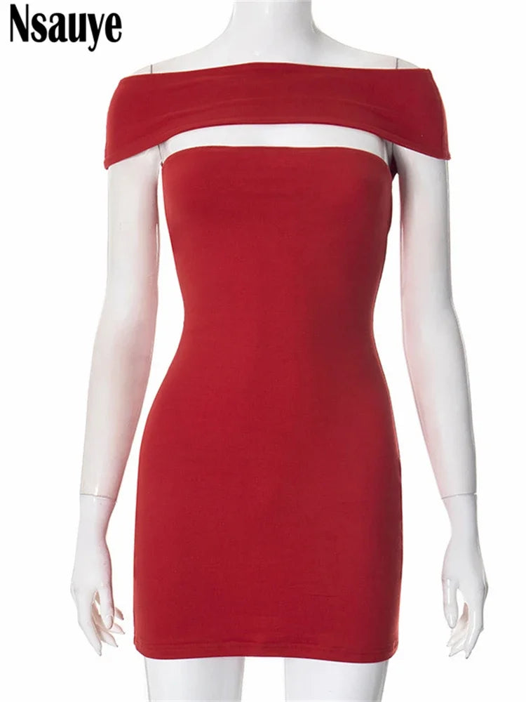 Nsauye Slash Neck Dress Cut Out Sexy Bodycon Casual Basic Summer Holiday Women Fashion Evening Party Elegant Clothes Dress 2025