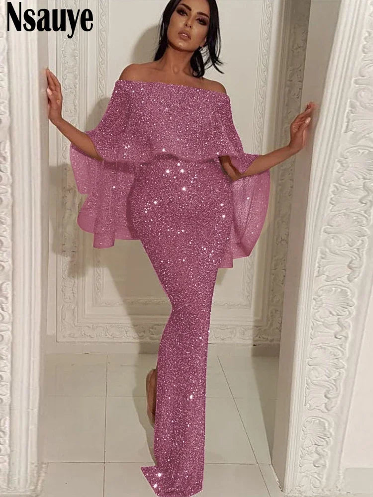 Nsauye 2022 Bling Glitter Elegant Party Evening Maxi Dress Y2K Bodycon Sexy Women Summer Off Shoulder Ruffles Solid Long Dresses