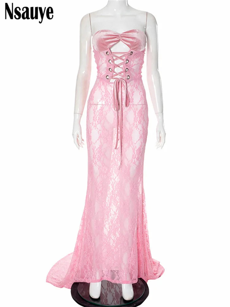 Nsauye Sexy Women Lace Up Fashion Hollow Out Elegant Corset Dress 2024 Winter Sleeveless Tube Maxi Long Club Party Holiday Dress