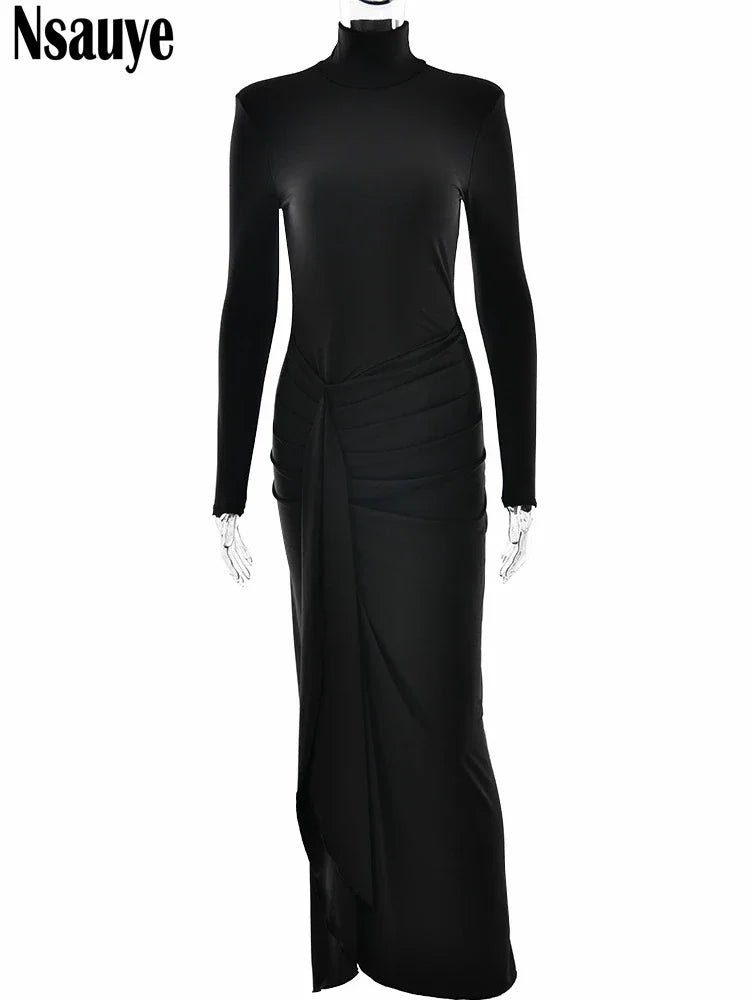 Nsauye 2024 New Autumn Women Winter Sexy Elegant Party Evening Night Club Dress Holiday High Split Long Sleeve Dress Vestidos