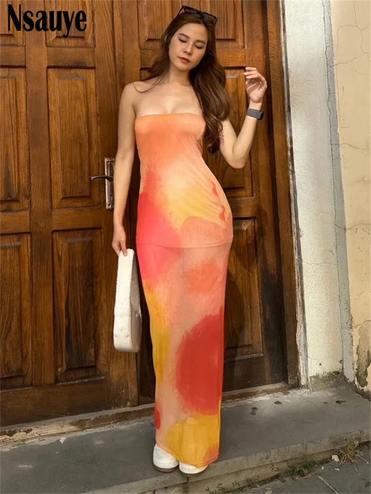 Nsauye Sexy Strapless Print Long Dress Women Strapless Print Off Shoulder Stretch Mesh Maxi Sundress Summer 2025 Beach Party Y2K