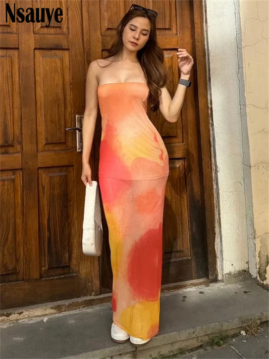 Nsauye Sexy Strapless Print Long Dress Women Strapless Print Off Shoulder Stretch Mesh Maxi Sundress Summer 2025 Beach Party Y2K