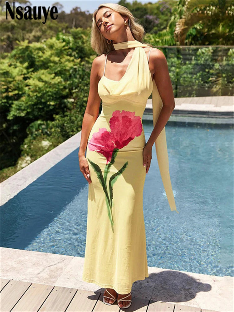 Nsauye 2025 Summer Holiday Party Spaghetti Strap Halter Long Dresses Women Clothing Elegant Sleeveless Floral Print Dress 2025
