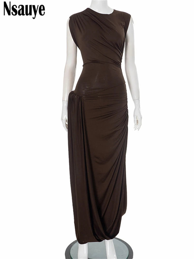 Nsauye New Female Fashion Long Sexy Backless Ruched Elegant Party Dress Low Waisted High Split Night Club Evening Winter Dresses