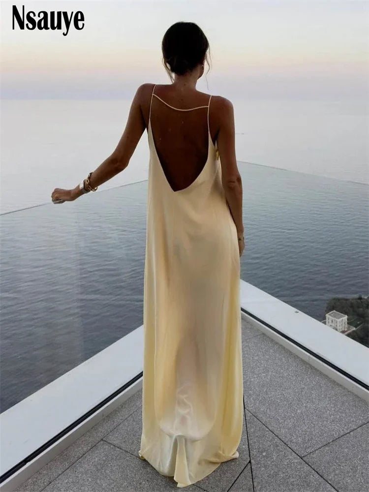 Nsauye Autumn Summer Satin Spaghetti Strap Sexy Backless Long Dresses Women Evening Party Club Elegant Sleeveless Night Sundress