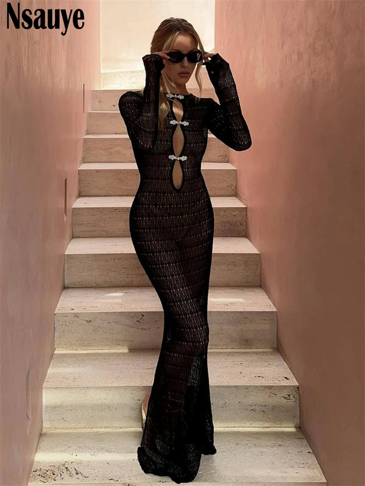 Nsauye Holiday Beach Elegant Dress Long 2025 Women Sexy Hollow Out Knitted Sexy Night Club Evening Party Long Sleeve Dress