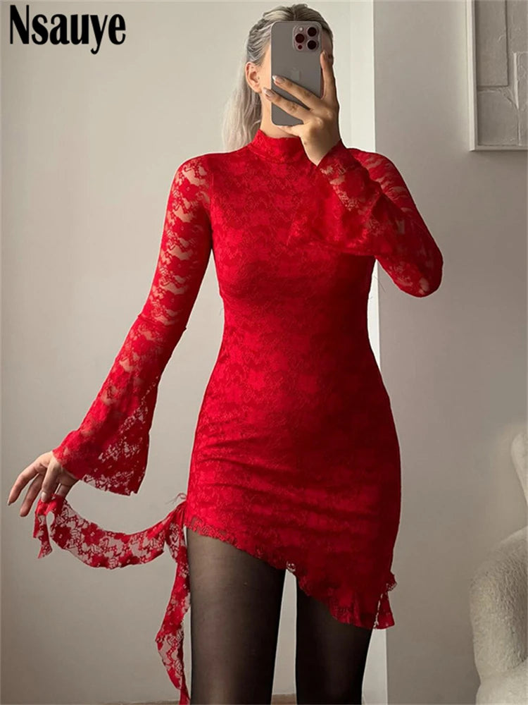 Nsauye Turtleneck Long Sleeve Lace Mini Bodycon Dresses Tassels Evening Party Birthday Short Dress Vestidos Women Summer 2025