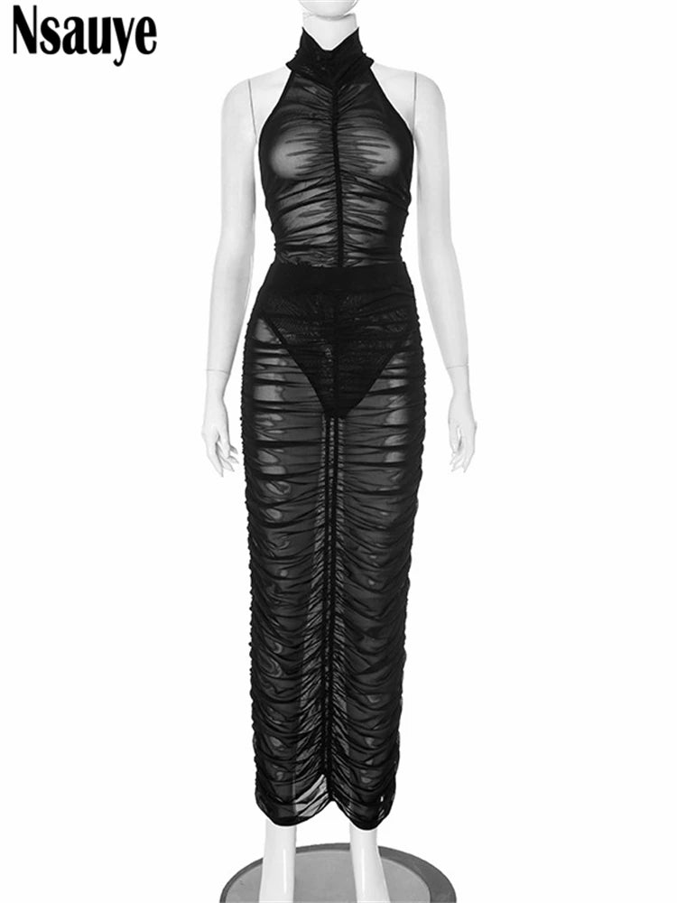 Nsauye Summer 2025 Fashion High Waisted Sexy Club Bodysuit Tops Ruched Long Dress Skirt New In Matching Two Piece Set Outfits