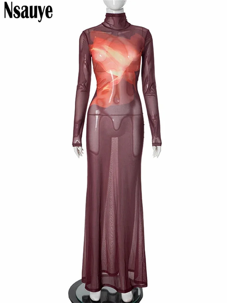 Nsauye Winter 2024 Y2K Casual Women's Clothing Outfits Sexy Mesh Floral Print Long Sleeve Sexy Evening Night Club Fashion Dress