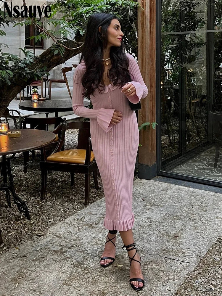 Nsauye Winter Sexy Knitted Sweater Dress For Women 2024 Fashion Elegant Ruffles Evening Party Night Club Wrap Long Sleeve Dress
