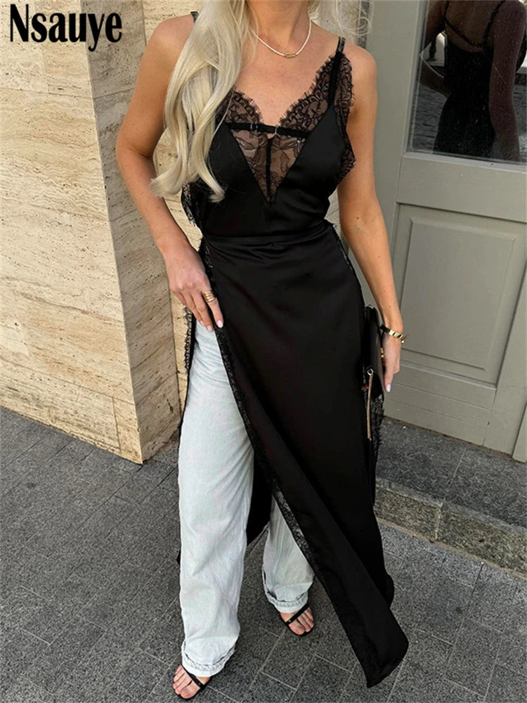 Nsauye Dress For Women Summer Elegant Backless Lace Satin Patchwork Sexy Night Club Evening High Split Party Fashion Dress 2025