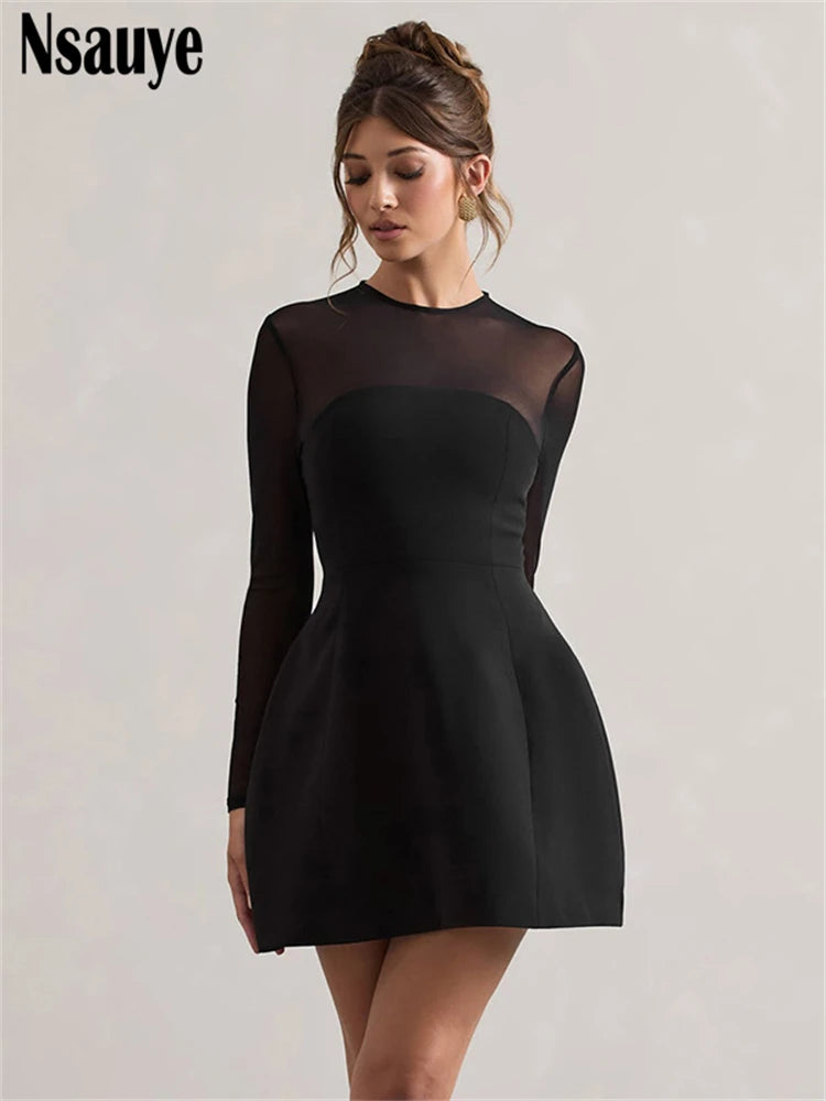 Nsauye Solid Long Sleeve Women Elegant Sexy Slim A-Line Dresses Streetwear Women Fashion Bodycon Mesh Patchwork Club Party Dress