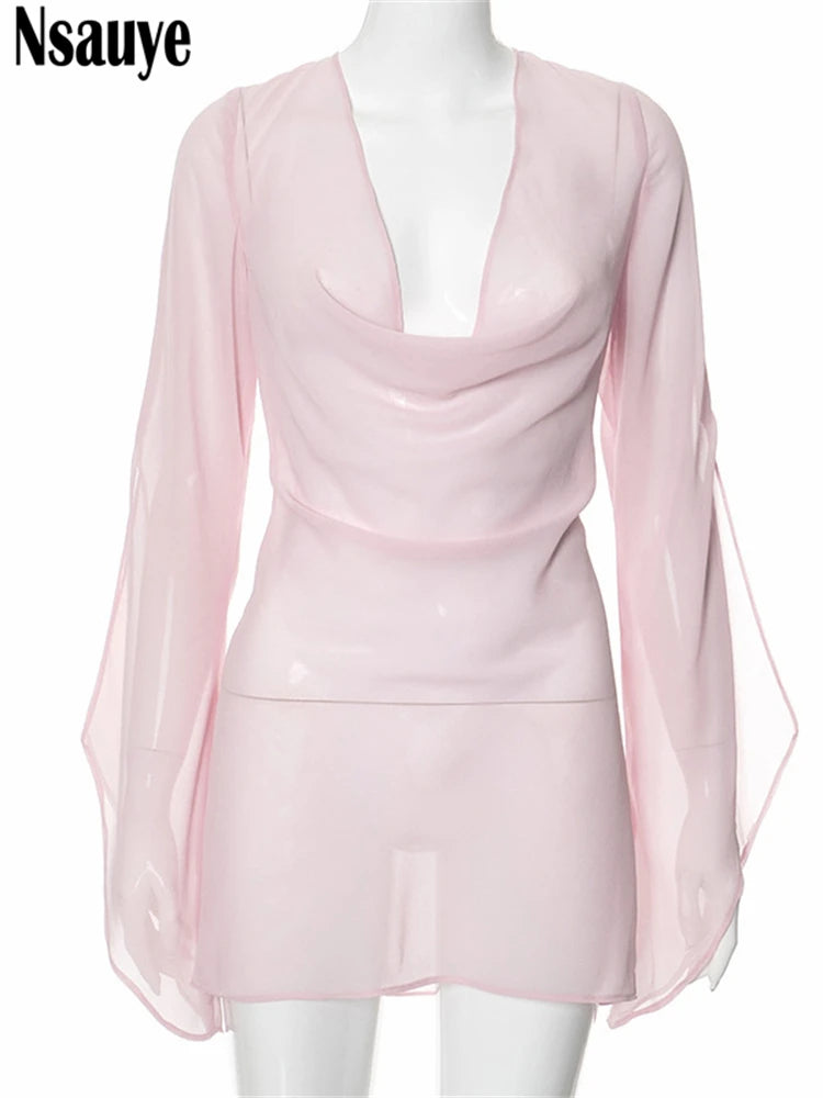 Nsauye Casual Long Sleeve Sexy Fashion Mini Party Night Club Women Dress Summer Cover Up Loungewear Bodycon Backless Dress 2024
