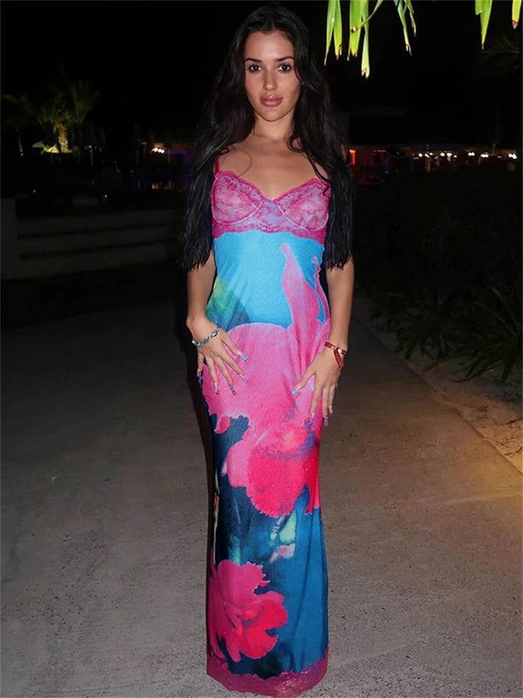 Nsauye Elegant Lace Patchwork Women Sexy Flowers Print Fashion Bodycon Party Dress 2025 Summer Clothes Evening Night Club Dress