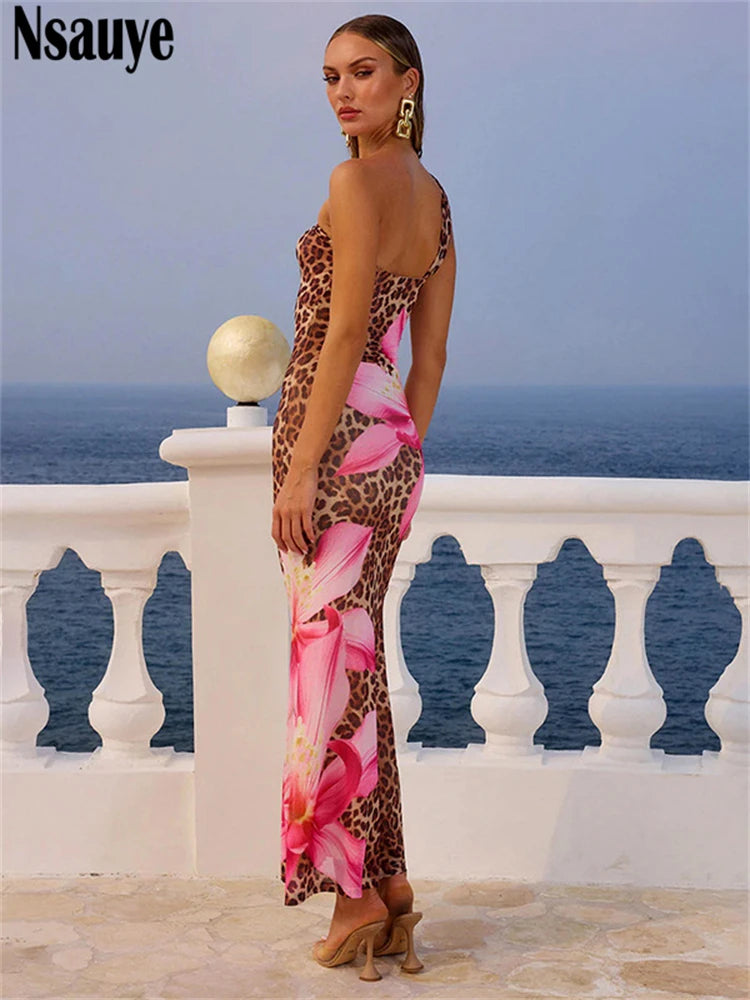 Nsauye Evening Elegant Dress Women Long Hollow Out Sexy Party Night Club Leopard Sleeveless Maxi Wrap Summer Club Dress 2025