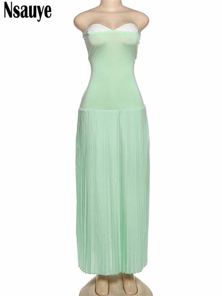 Nsauye Sexy Women Strapless Fashion Elegant Corset Pleated Dress Long Evening Party Ladies Maxi Night Club Dress Summer 2025