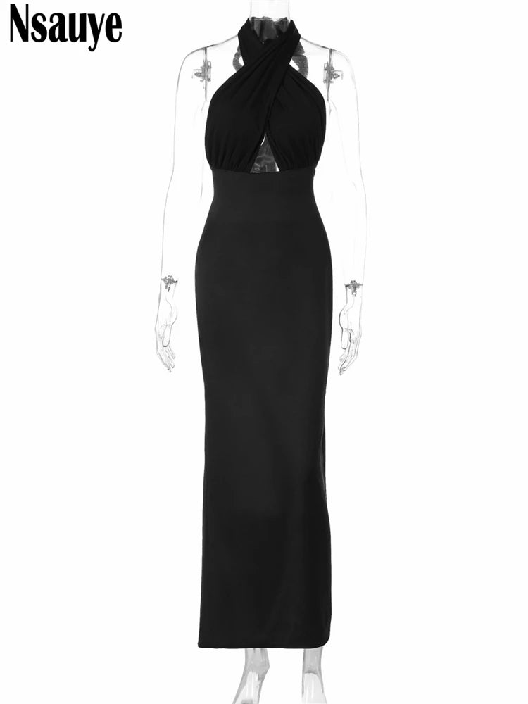 Nsauye 2025 Sexy Backless Women Halter Satin Night Club Elegant Evening Party Dress Long Bodycon Maxi Summer New Fashion Dress