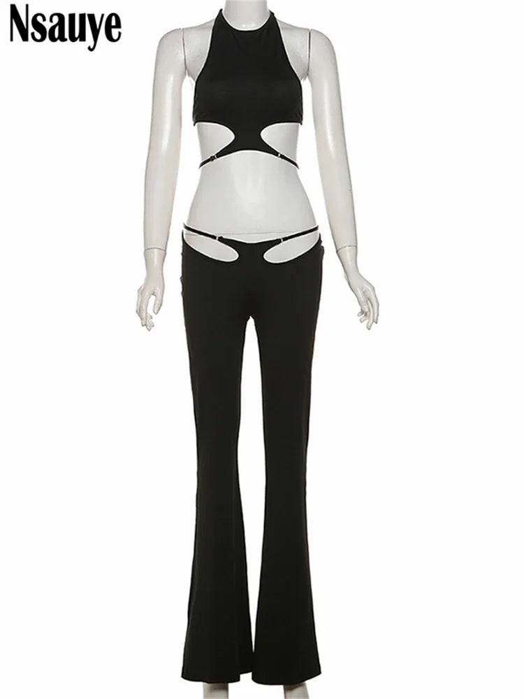 Nsauye Black Sexy Streetwear Fashion Casual Women Tracksuit Slim Club Crop Tops And Cut Out Summer Y2K Long Pants Two Piece Set