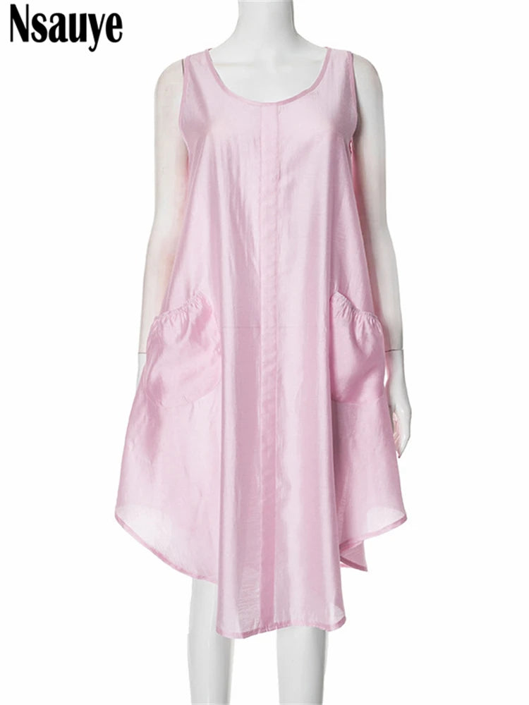 Nsauye 2025 Summer Women A-Line Loose Fashion Sexy Club Evening Party Dress Short Pink Pullover Casual Tank Vest Dress Outfits