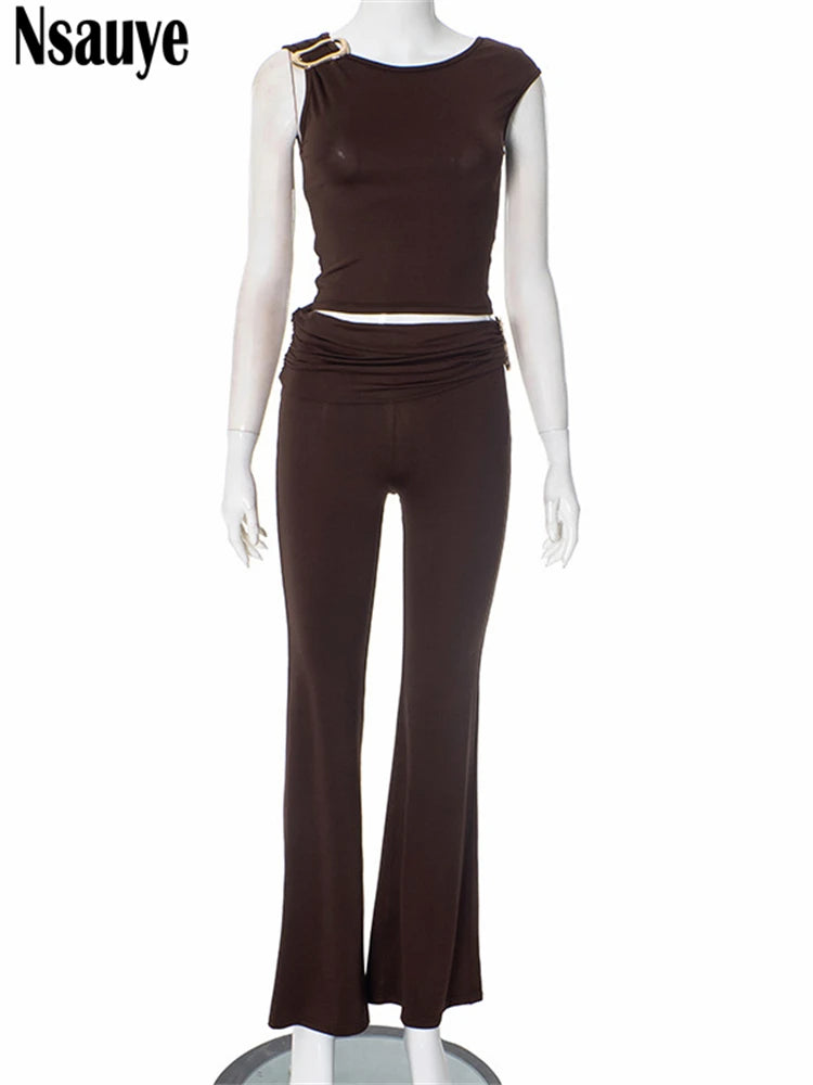 Nsauye 2 Piece Sets Women Outfit Casual Streetwear Y2K Sexy Club Vest Crop Tops Low Waisted Pants Long Skinny Tracksuit Summer