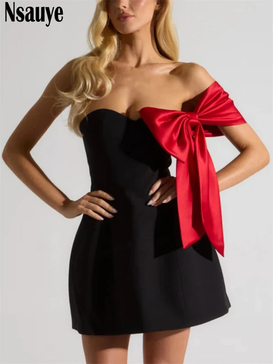 Nsauye Women Sexy Evening Party Night Club Short Satin Elegant Dress Clothes 2025 Summer Spring Bow Off Shoulder Dress Pullover