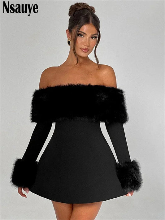 Nsauye Women Clothes Chic Fashion Sleeveless Faux Fur Sexy Black Club Evening Party Dress Long Sleeve Holiday Mini Elegant Dress