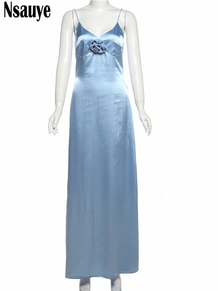 Nsauye Women Sexy V Neck Elegant Fashion Long Night Club Satin Party Dress Evening Maxi Flower Summer Maxi Sleeveless Dress 2025