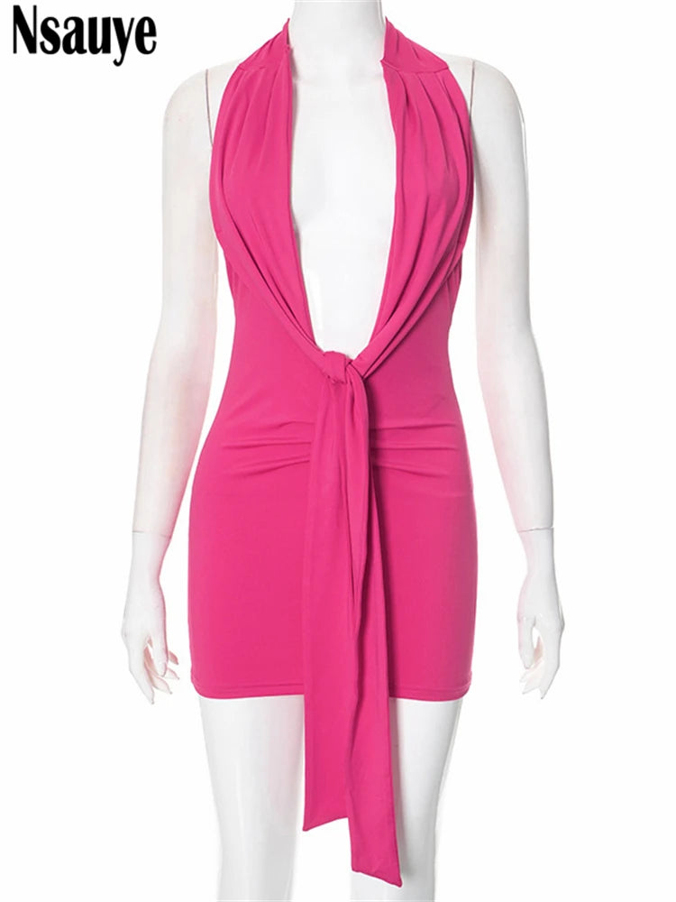 Nsauye Holiday Summer Women Halter Sexy Low Cut Out Backless Mini Beach Sundress Sexy Fashion Club Evening Dress Party 2025
