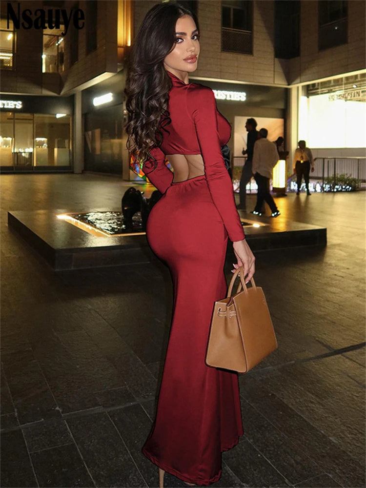 Nsauye New Fashion Sexy Women Elegant Party Dress Evening Cut Out Flower Night Club Red Female Long Sleeve Ruched Dress 2024