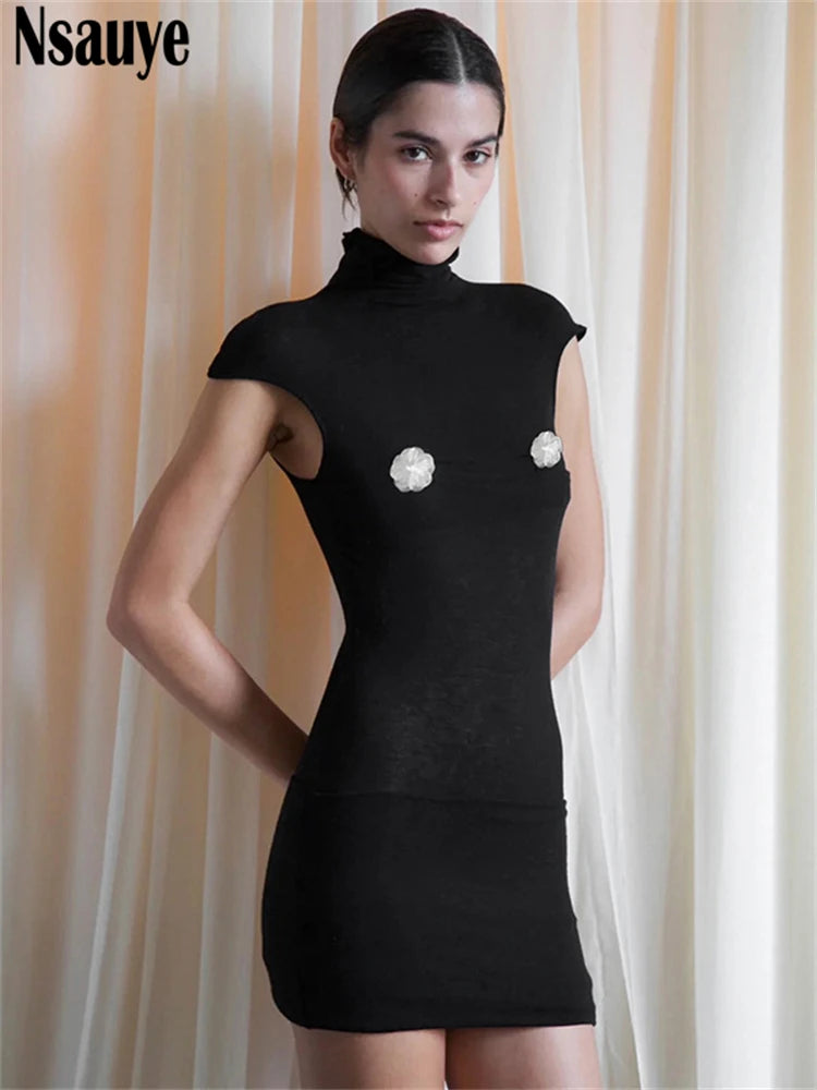 Nsauye Women Sexy Pullover Turtleneck Black Night Club Party Evening Short Dress Summer Basic Casual 2025 Elegant Fashion Dress