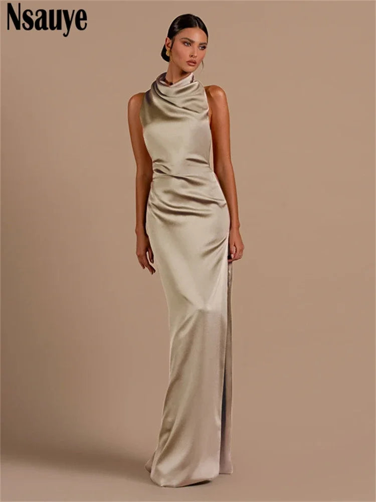 Nsauye Sexy Backless Women New Fashion Satin Elegant Bodycon Maxi Dress Night Club Long Halter Sleeveless Winter Party Dresses