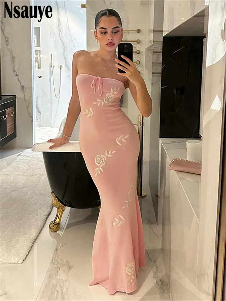Nsauye Sexy Off Shoulder Fashion Elegant Maxi Bodycon Women Dress 2024 Summer Pink Evening Holiday Party Night Club Dress Maxi