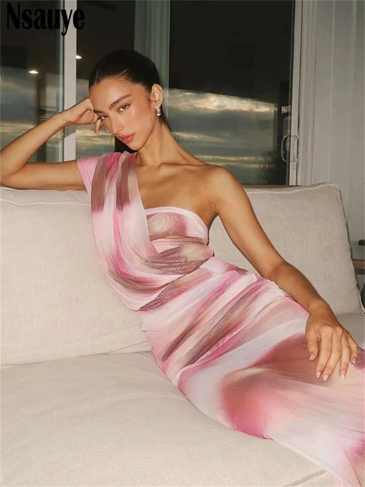 Nsauye One Shoulder Women Sexy Mesh Long Summer Casual Holiday Beach Dress 2025 Fashion Night Club Tie Dye Print Party Dresses