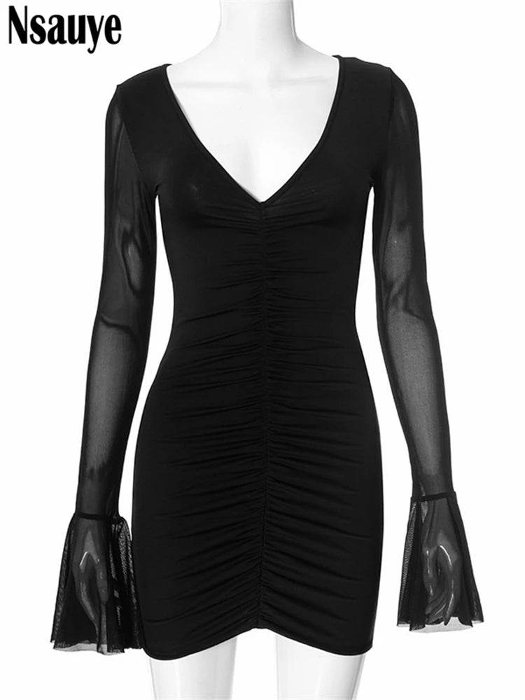 Nsauye 2025 Spring Summer Long Flare Sleeve V Neck Ruched Mini Bodycon Dress Black Party Evening Sexy Elegant Mesh Dresses Club