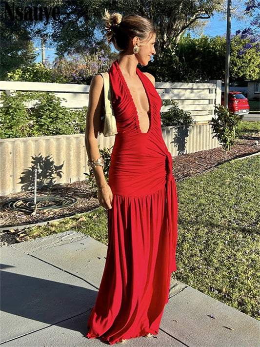 Nsauye Sexy Halter Night Club Ruched Low Cut Out High Waist Evening Party Dress Summer Women Long Holiday Beach Wrap Dress 2025