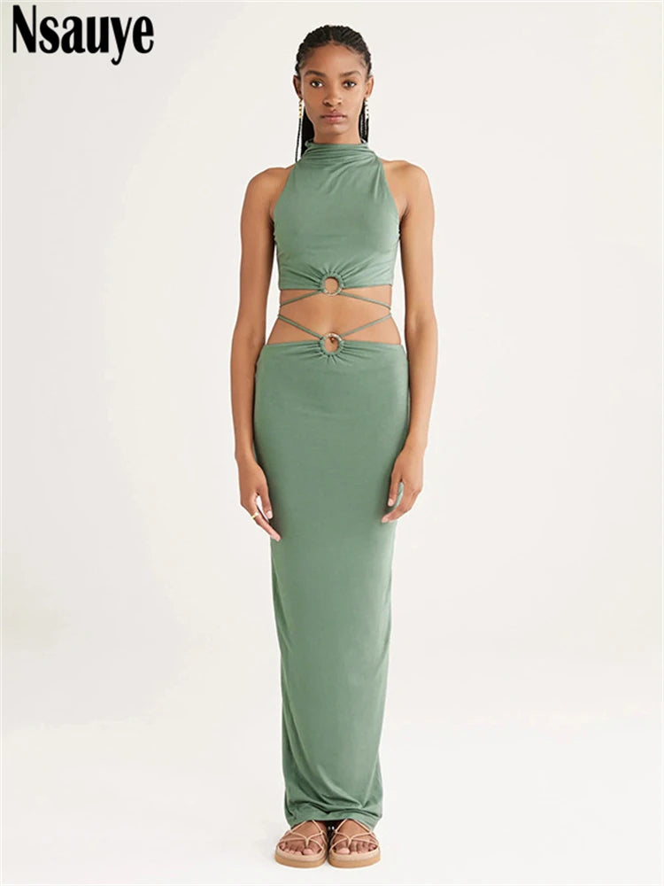 Nsauye Women Summer Fashion Sexy Club Crop Tops Lace Up Party Long Low Waisted Skirt Dress New In Matching Two Piece Set 2025