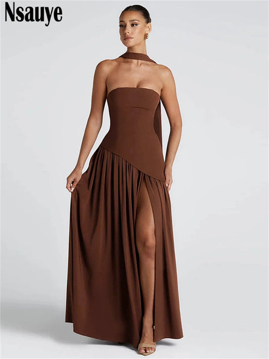 Nsauye Strapless Women Long Elegant Sexy High Split Halter Fashion Evening Dress Party Night Club Summer Off Shoulder Dress 2025