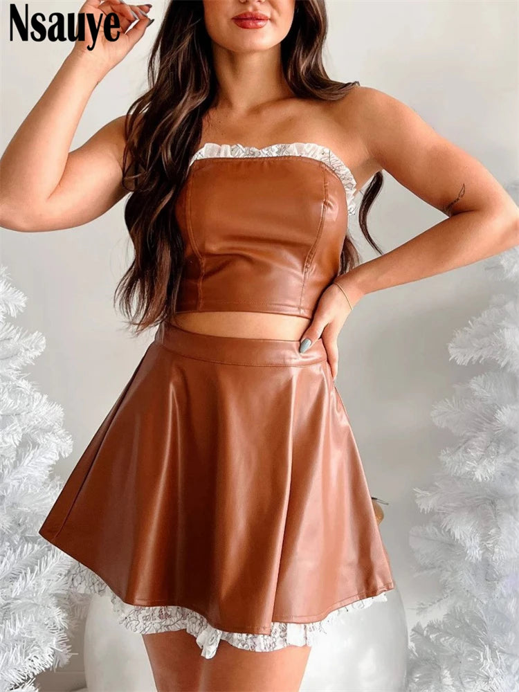 Nsauye Women Sexy Night Club Mini Leather Streetwear Vest Crop Tops Summer A-Line Short Party Fashion Skirt Two Piece Set 2025