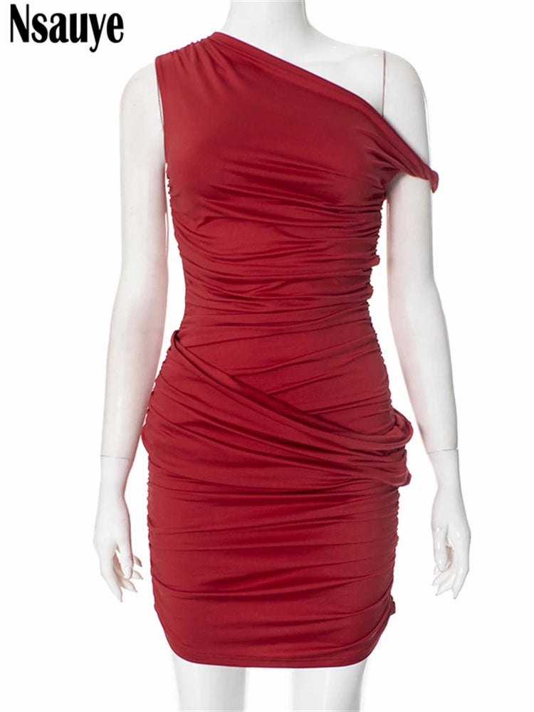 Nsauye New Elegant Women Sexy Ruched Short Night Club Dress Summer Off Shoulder High Waisted Evening Party Dress Fashion 2025