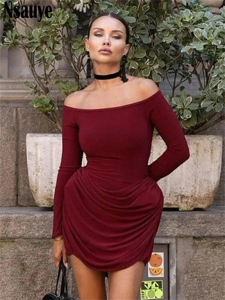 Nsauye Sexy Slash Neck Women Fashion Elegant Dress Long Sleeve Evening Birthday Party Clubwear Autumn Dress Low Waisted  2024