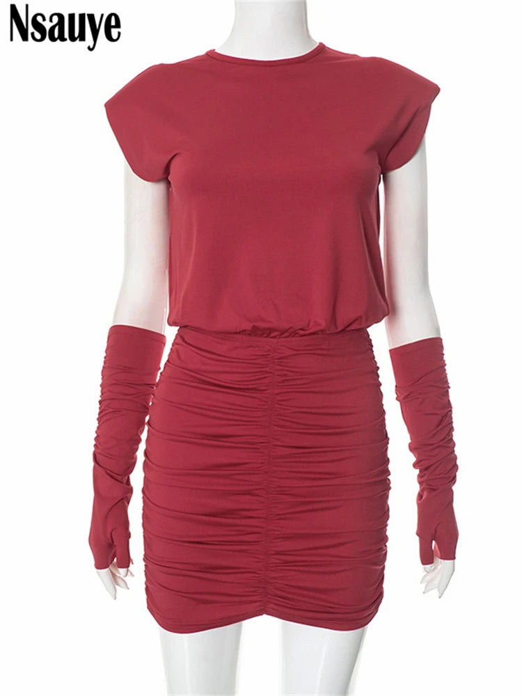 Nsauye Sexy New Women Night Club Evening Party Ruched Long Sleeve Dress Vestidos 2025 Summer Fashion Elegant Shoulder Pads Dress